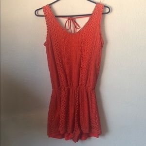 Coral Orange Lace Stretch Knit Romper